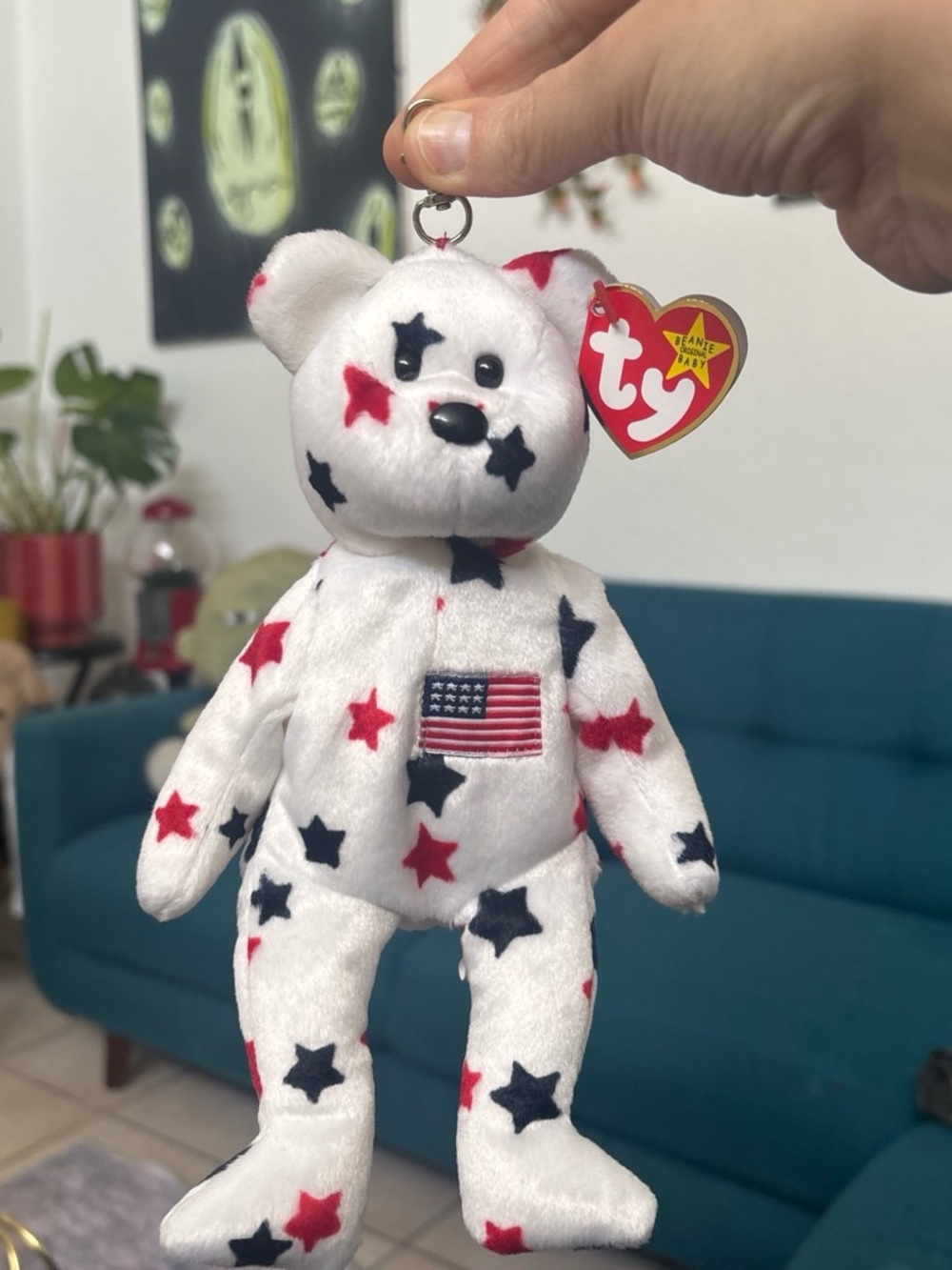 Ty Patriotic Star Bear Keychain - White with Red & Navy Stars